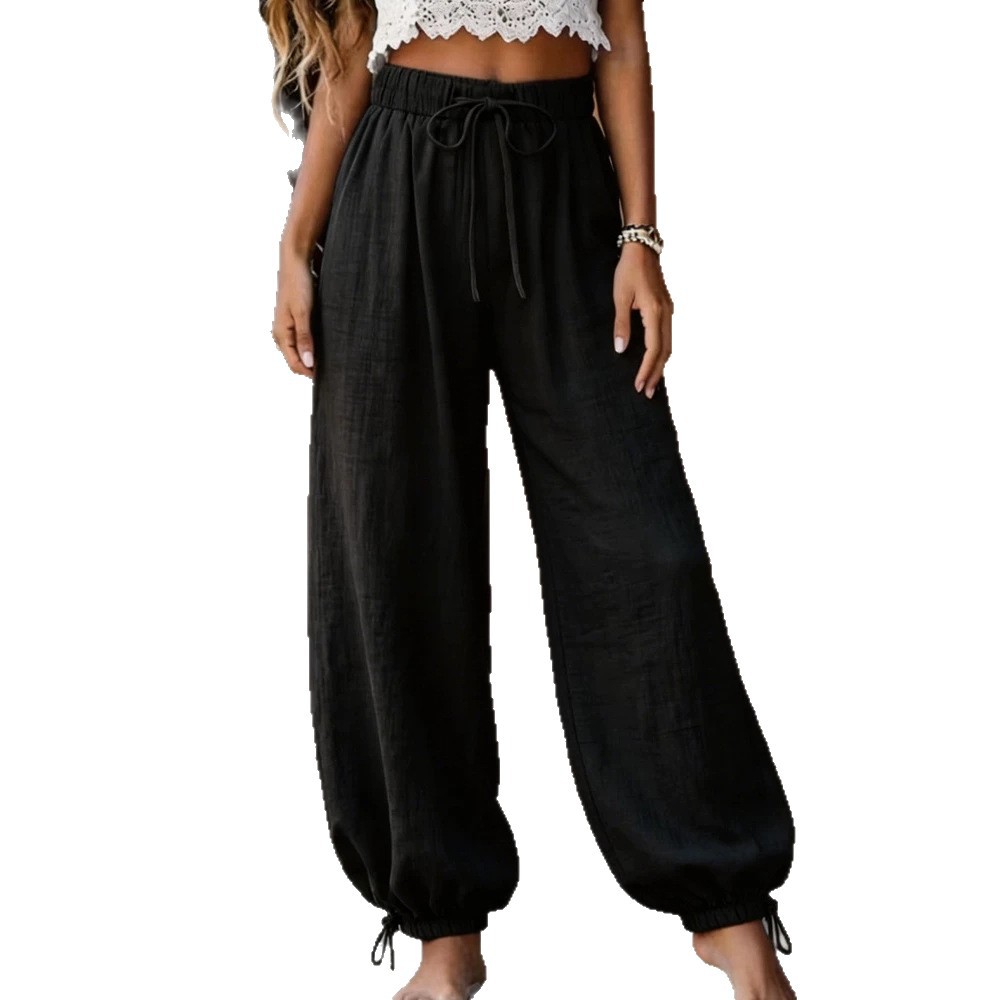 Women's Summer Lightweight Loose Straight-Leg Pants Solid Color High-Waist