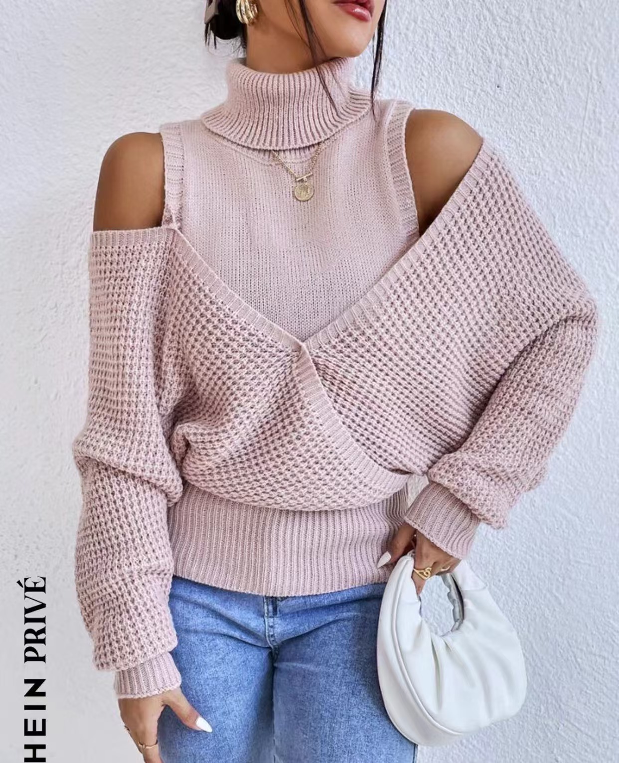 Women's Off-Shoulder Turtleneck Sweater Solid Color Double-Layer Knit Long Sleeve