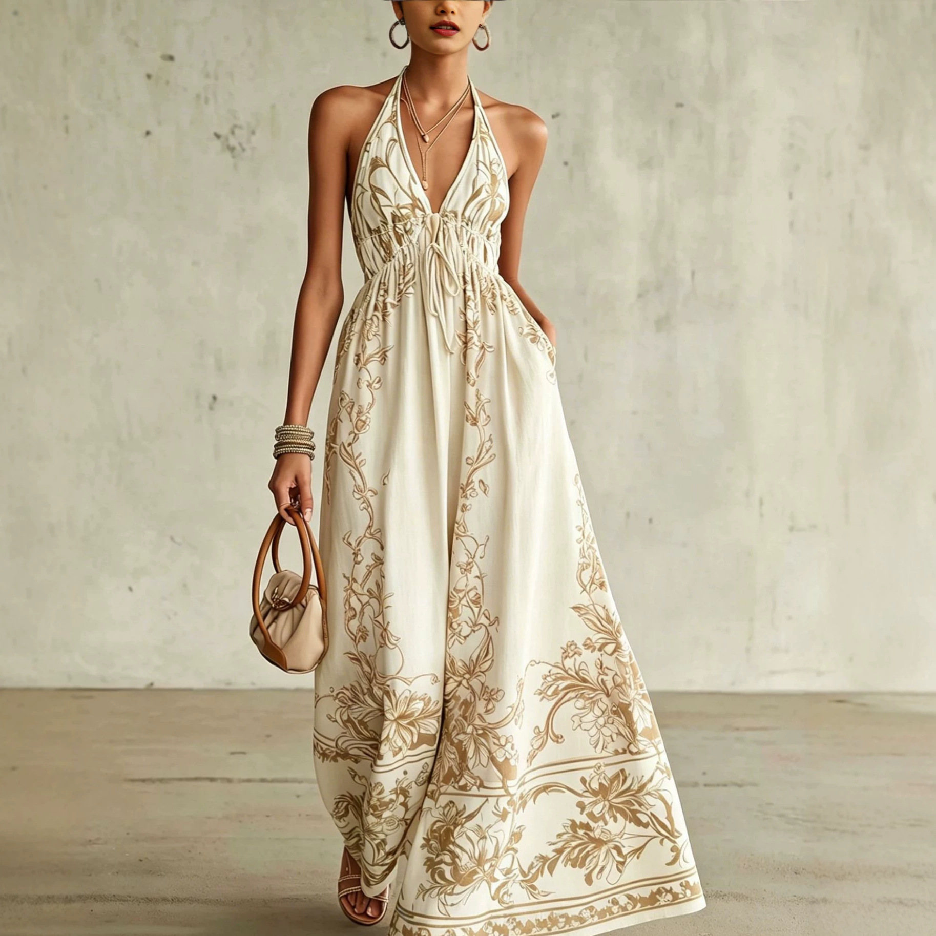 Bohemian V-Neck Sleeveless Maxi Dress Floral Print Beach Vacation