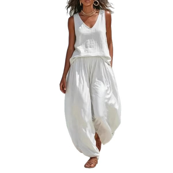 Women's Solid Linen Sleeveless Top and Wide-Leg Pants Set