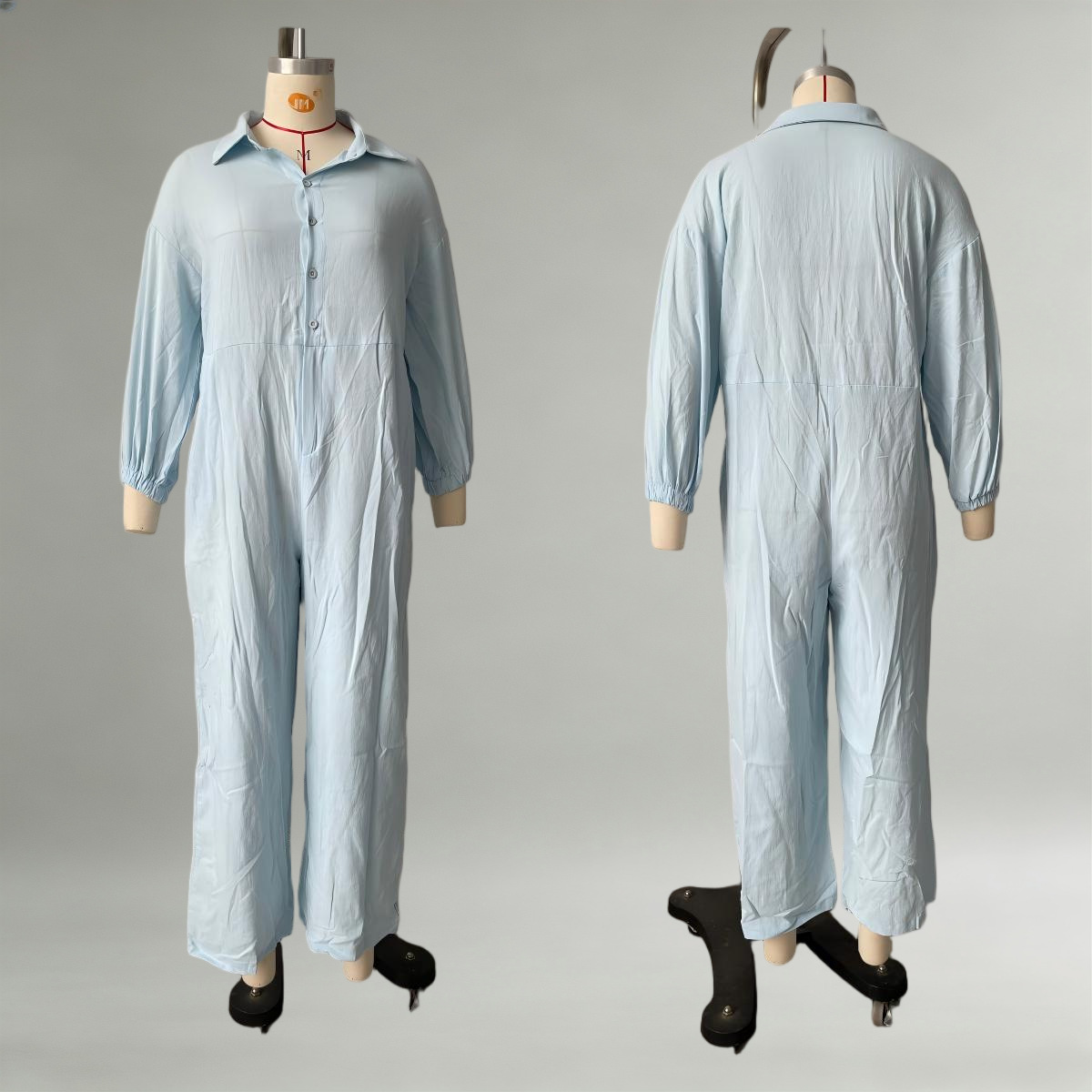 Women's V-Neck Button Long Sleeve Solid Color Jumpsuit with Pockets