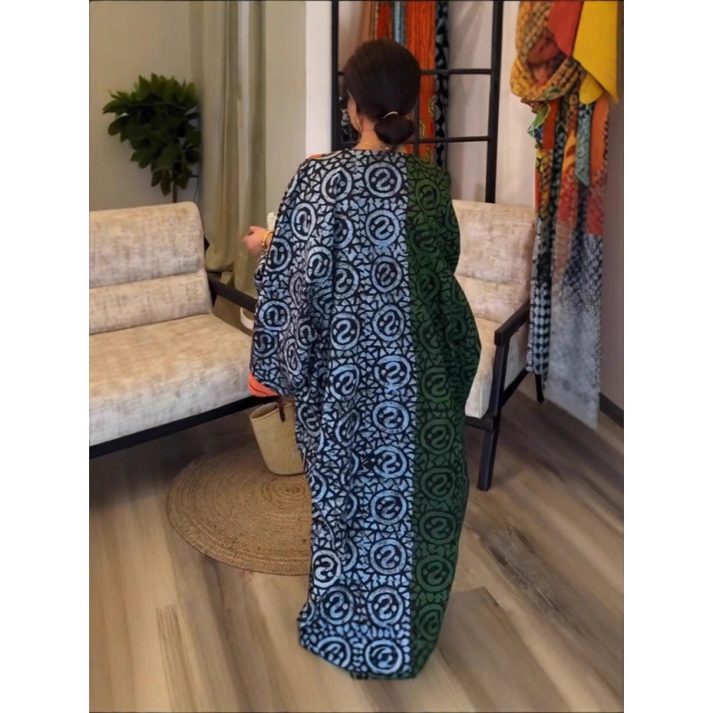 Women's V-Neck Digital Print Colorblock Long Sleeve Long Dress