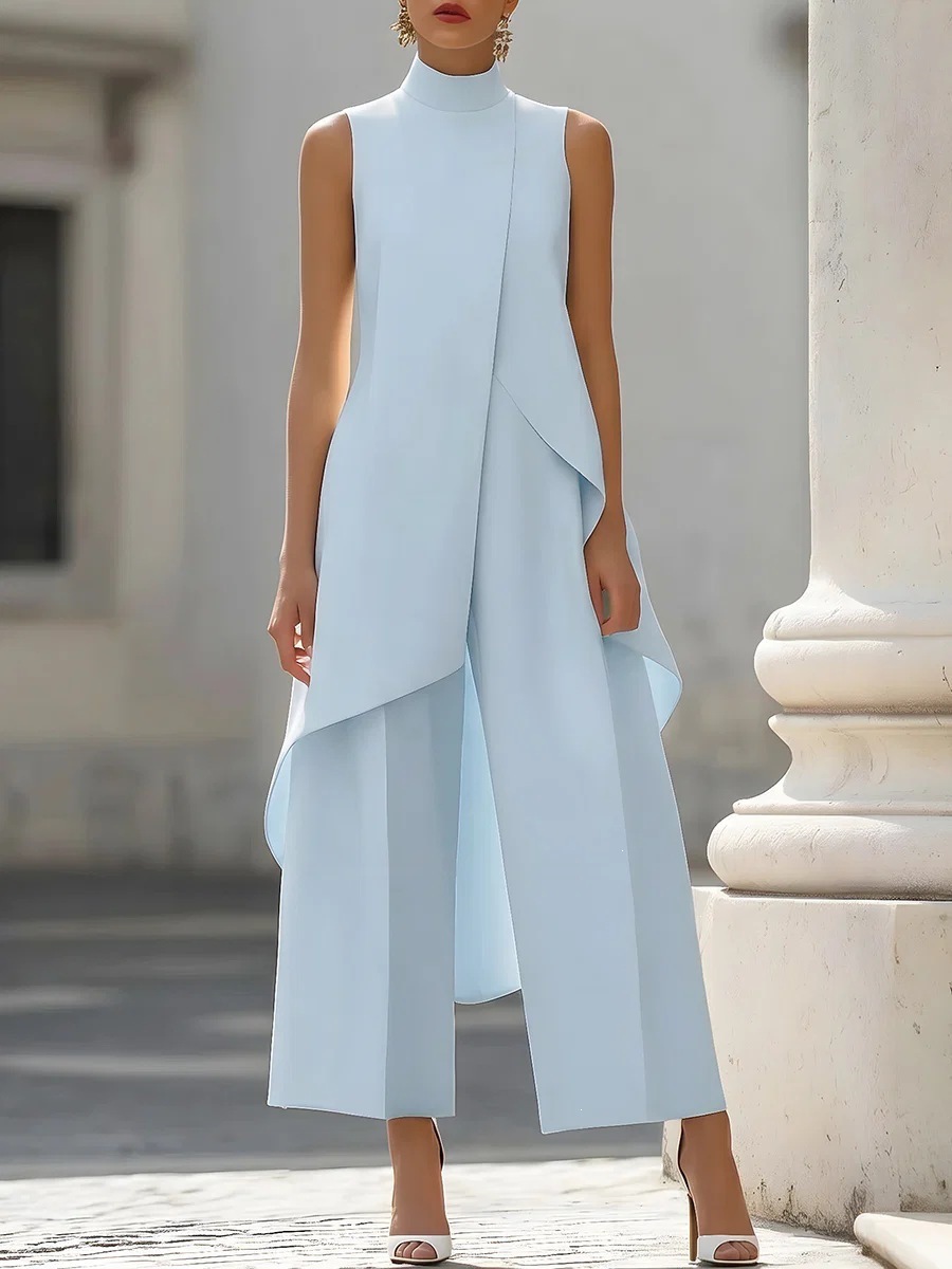 Women's High Neck Sleeveless Layered Wide Leg Jumpsuit Two-Piece Set