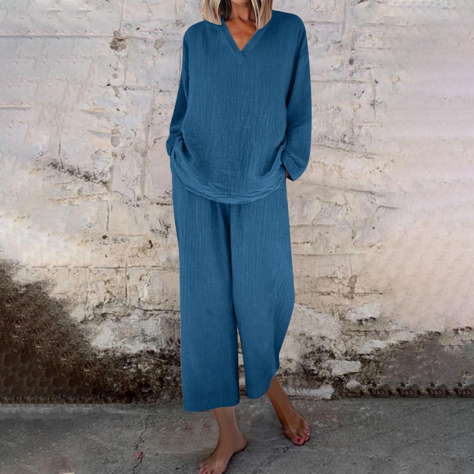 Women's Casual V-Neck Long-Sleeve Top and Pocket Pants Set