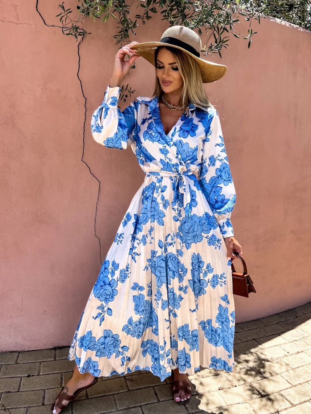 Women's Long Sleeve Ruched Waist Floral Print V-Neck Dress