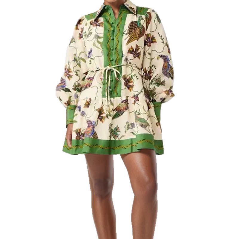 Women's Long Sleeve Shirt and Pleated Skirt Printed Two-Piece Set