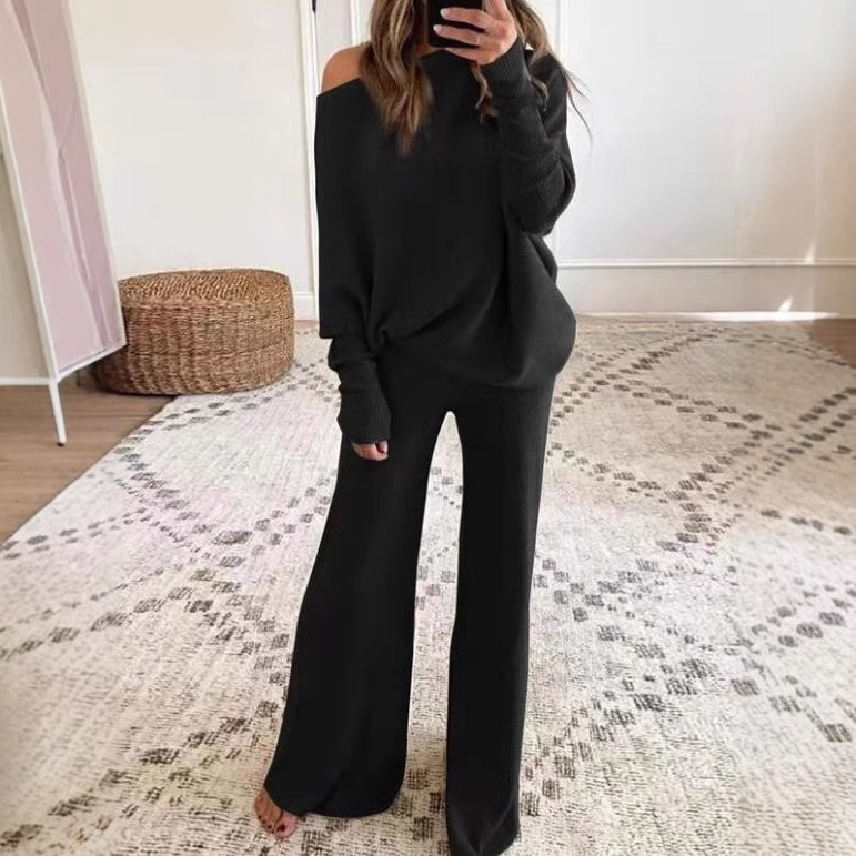 Solid Color Batwing Sleeve Drawstring High Waist Wide Leg Knit Two-Piece Pants Set