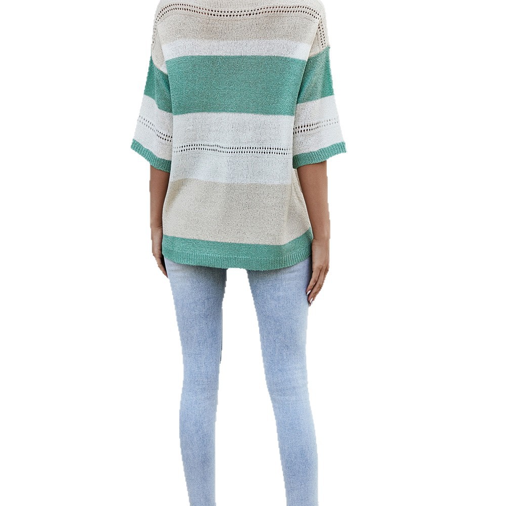Knit Patchwork V-Neck Pullover T-Shirt Plus Size Beach Cover-Up