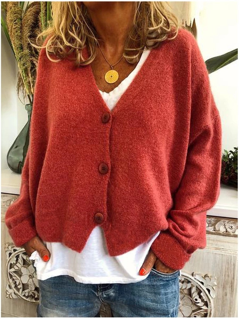 Solid V-Neck Knit Top with Front Button Detail, Loose Cropped Long Sleeve