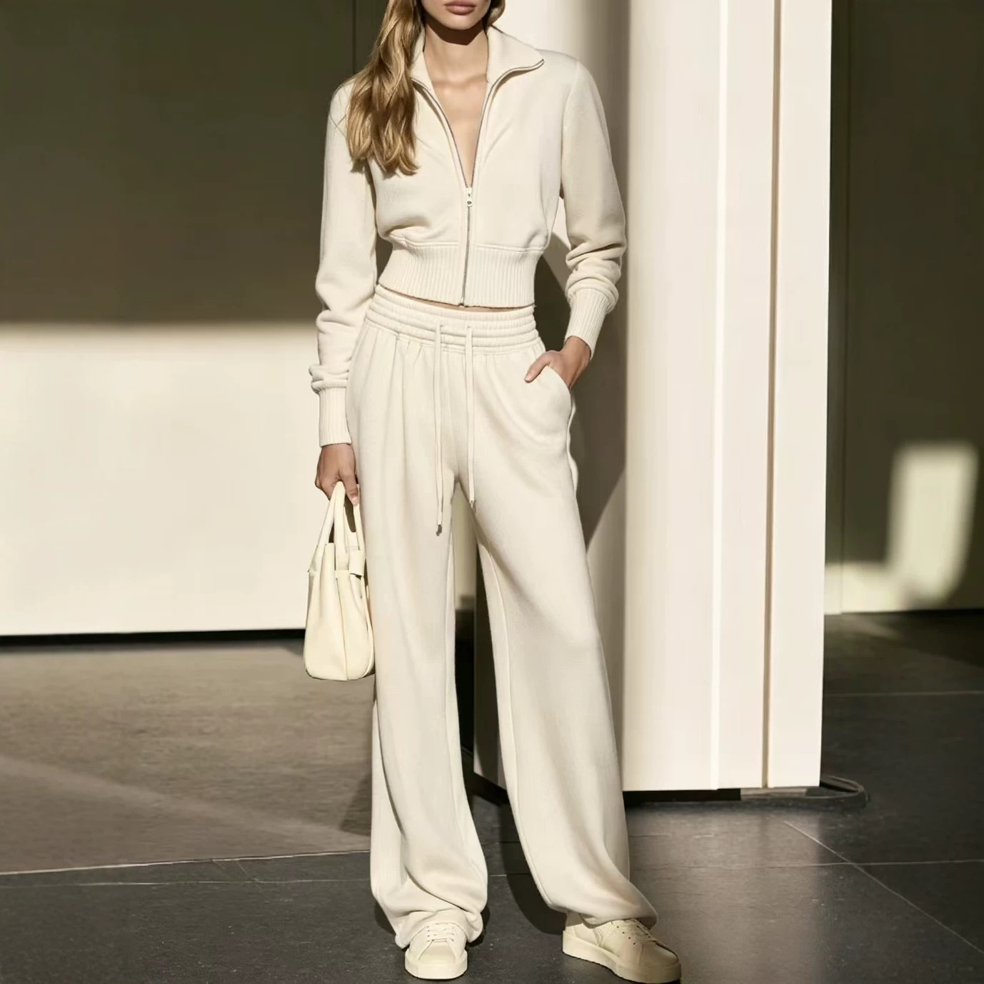 Women's Two-Piece Zip Cardigan Sweatshirt and Wide-Leg Pants Set