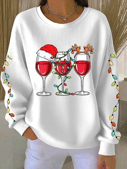 Women's Animal Wine Glass Paw Print Heart Print Crewneck Sweatshirt