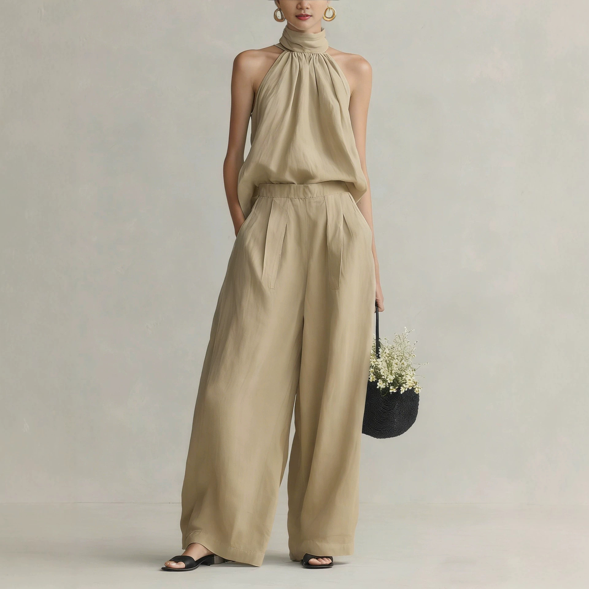 Women's Sleeveless Round Neck Top and Pants Set
