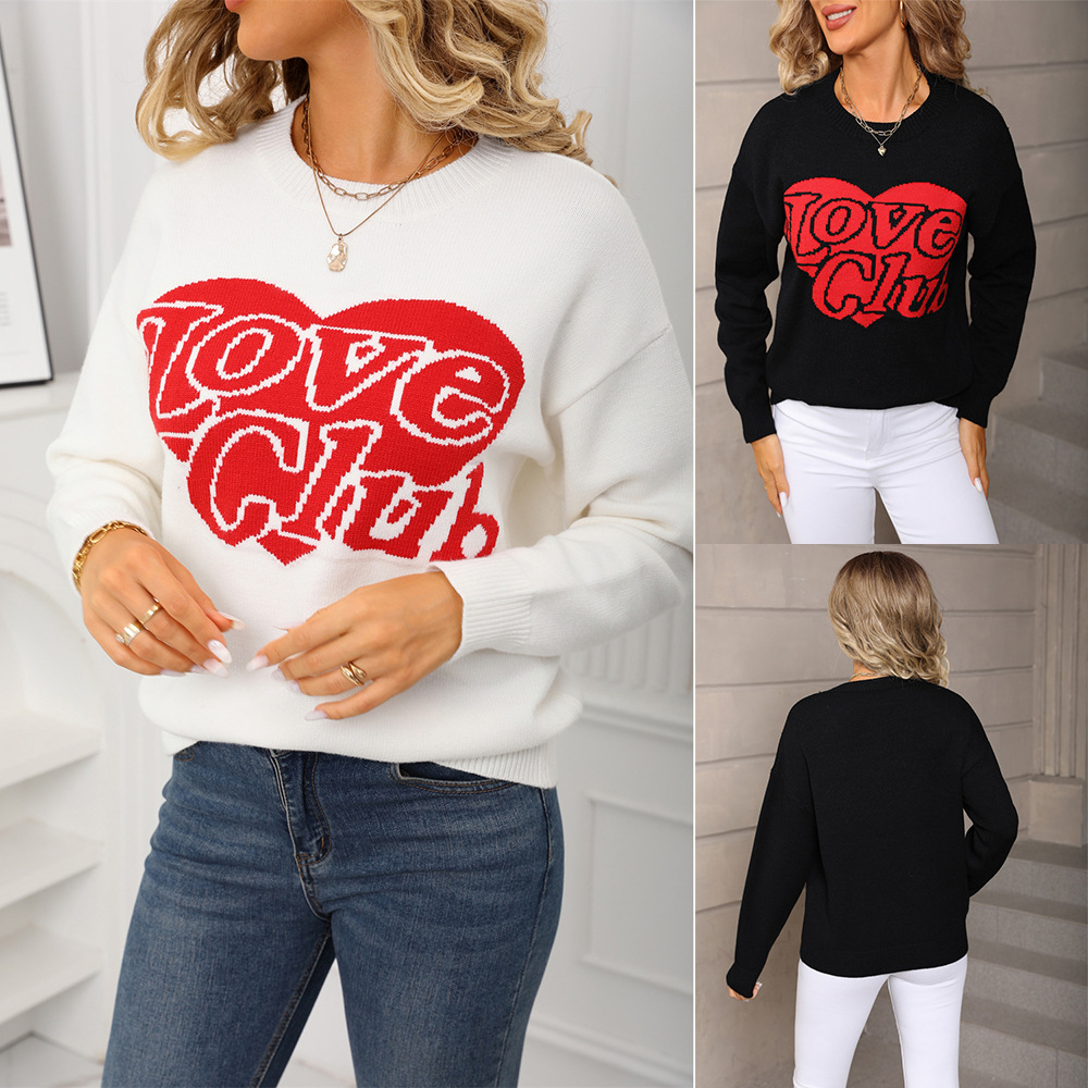 Heart Print Knit Pullover Sweater Loose Fit Crew Neck