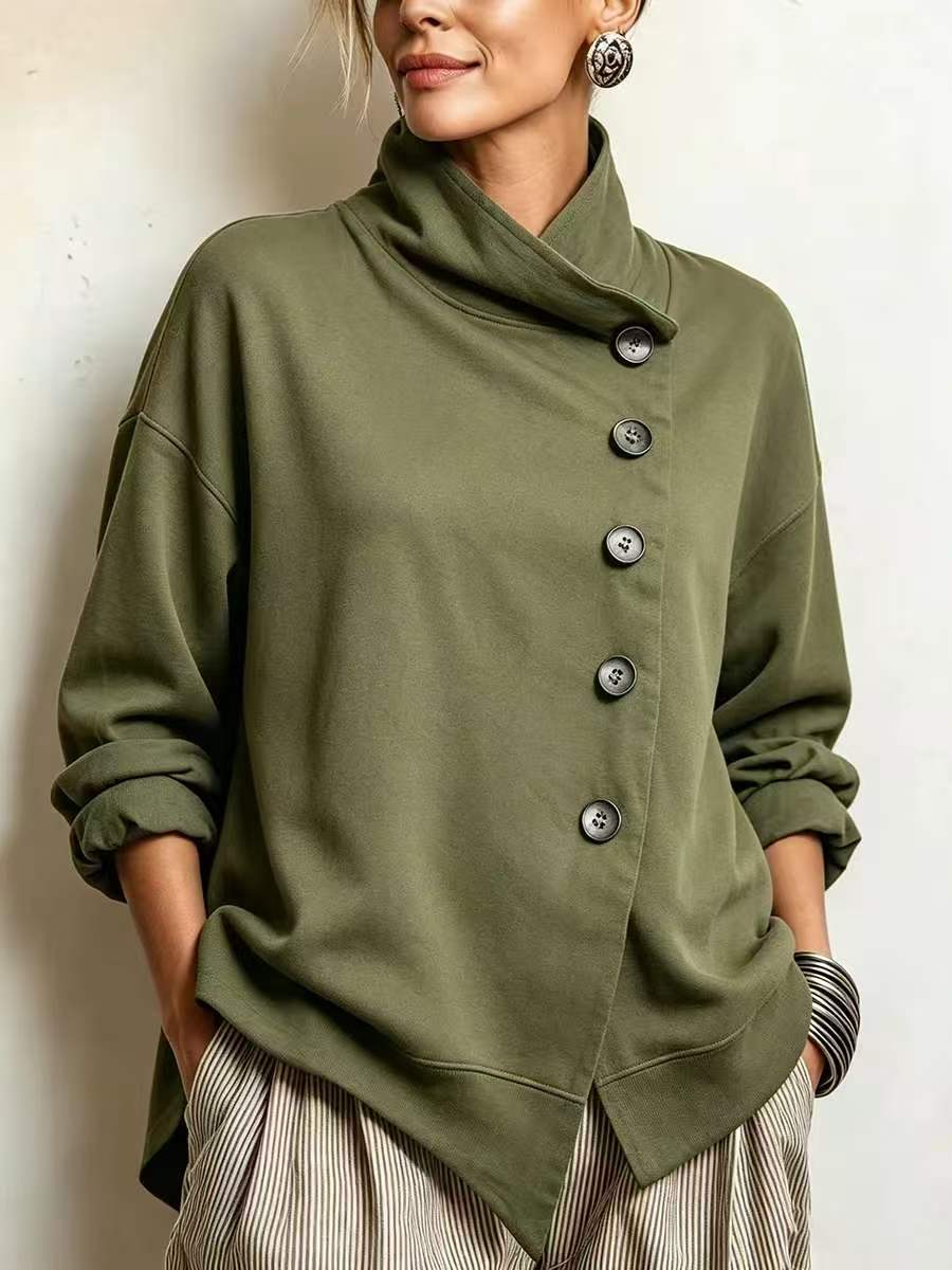 Stand Collar Asymmetric Hem Button-Front Loose Fit Long Sleeve Solid Color Sweatshirt for Women