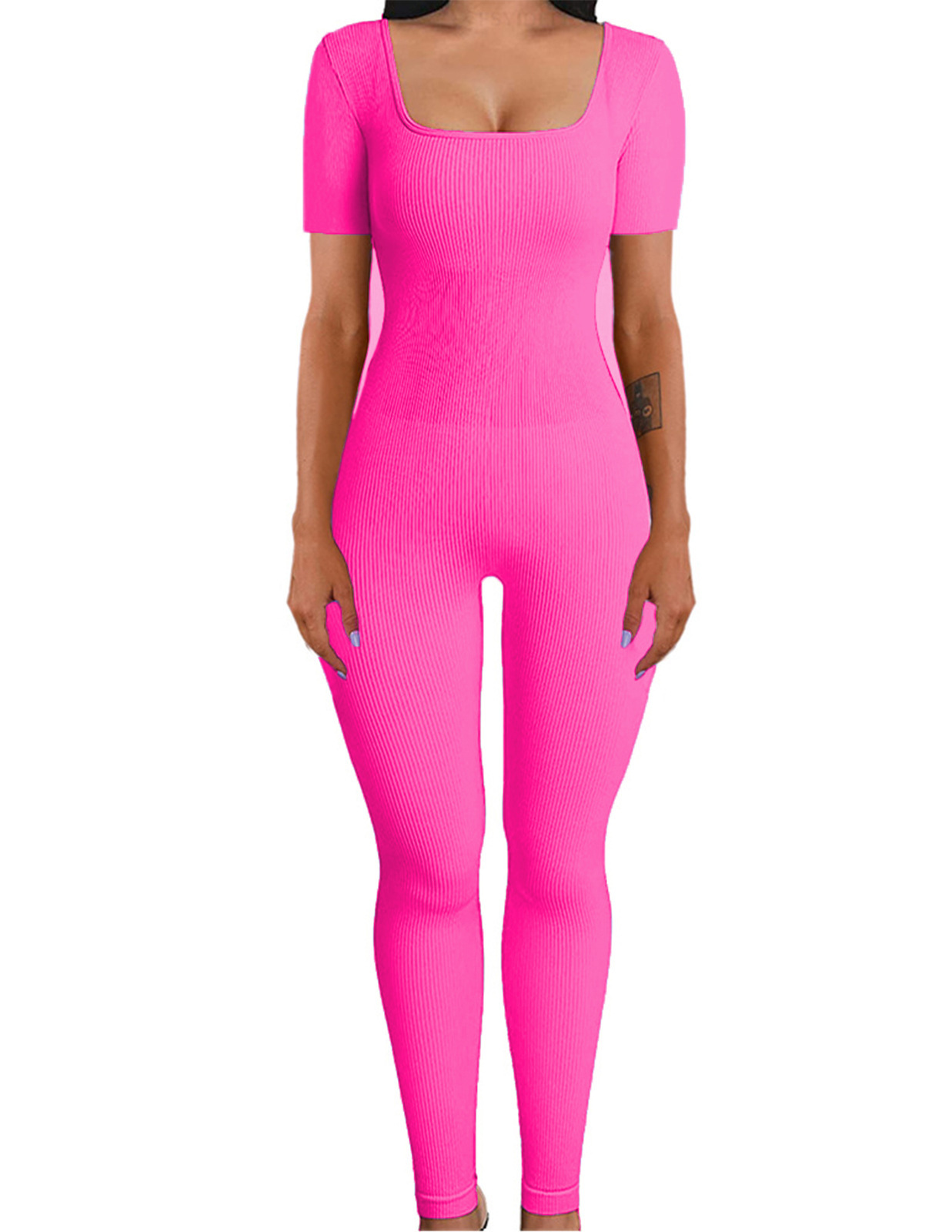 Ribbed Square Neck Butt-Lifting Slim Fit Yoga Jumpsuit for Women