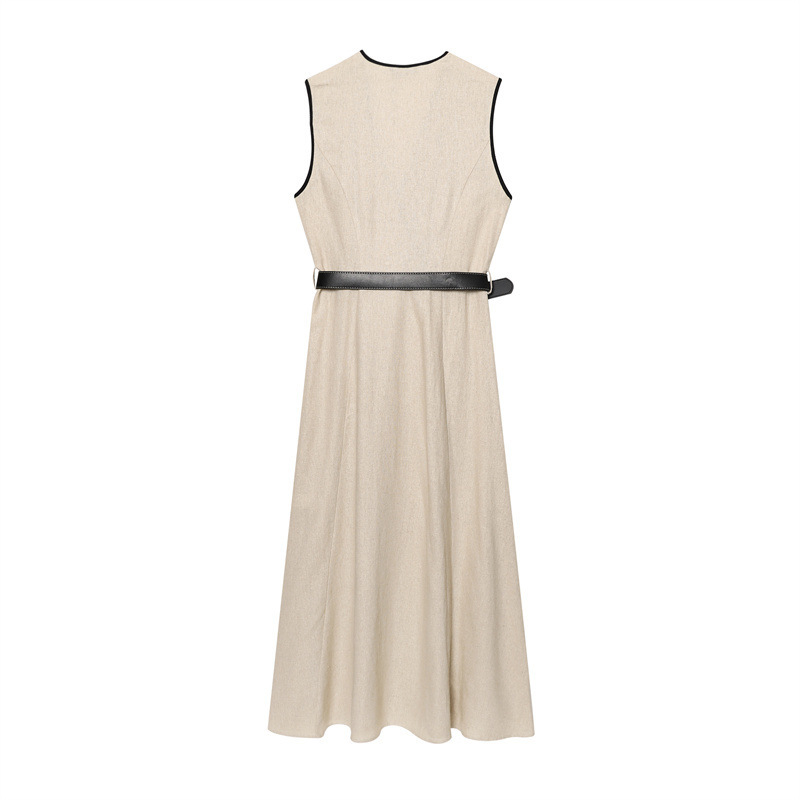 Women's Belted Irregular Long Dress Minimalist Elegant Sleeveless High Waist