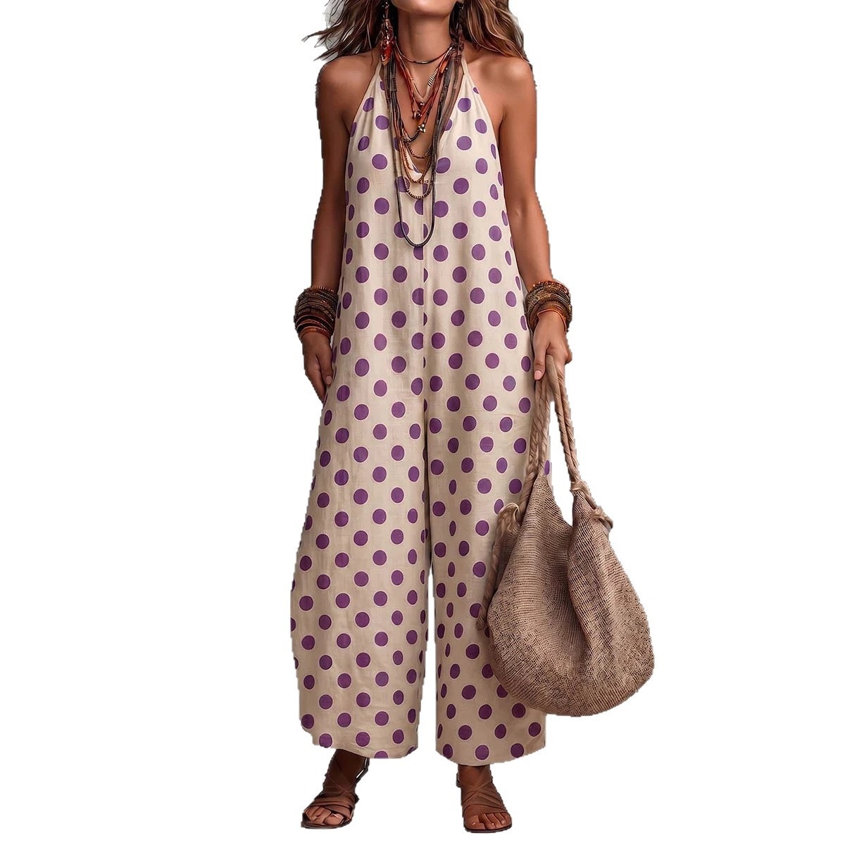 Women's Polka Dot Halter Wide-Leg Jumpsuit Sleeveless Summer Vacation Outfit