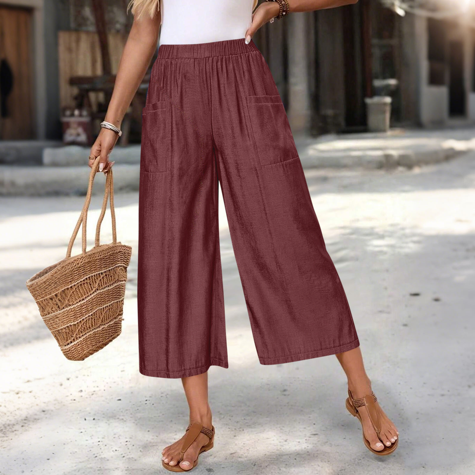 Women's Loose Wide-Leg Capri Pants with Pockets Casual