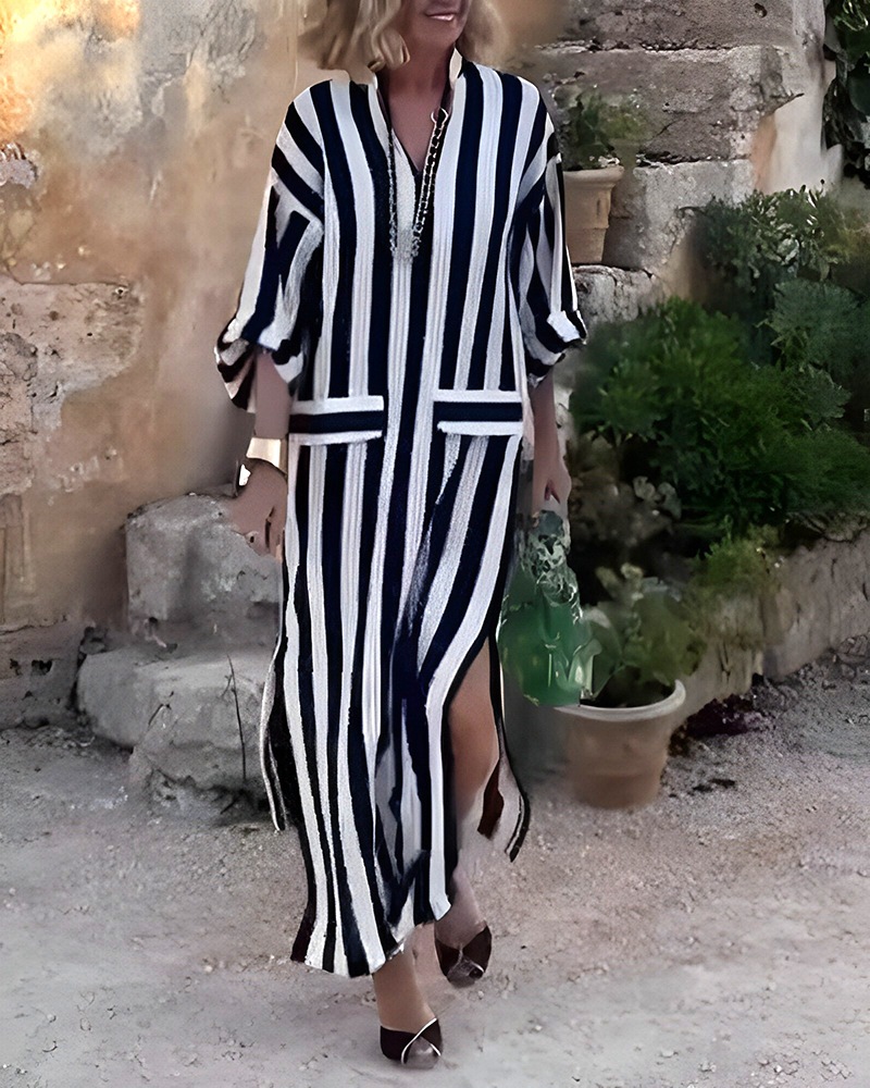 Striped Side Slit V-Neck Midi Dress