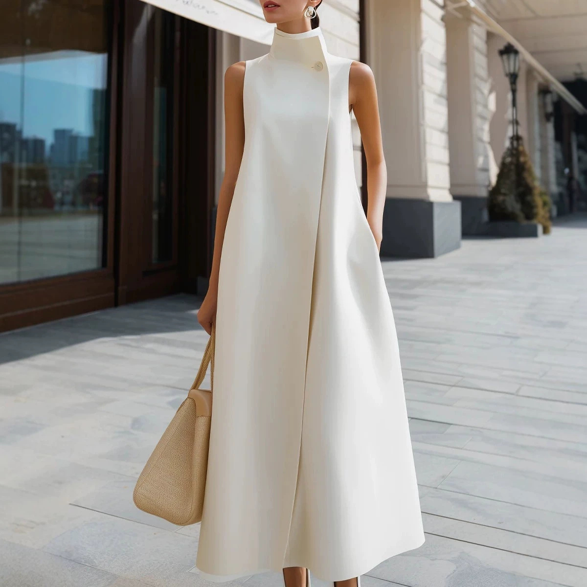 Elegant Stand Collar Sleeveless A-Line Midi Dress