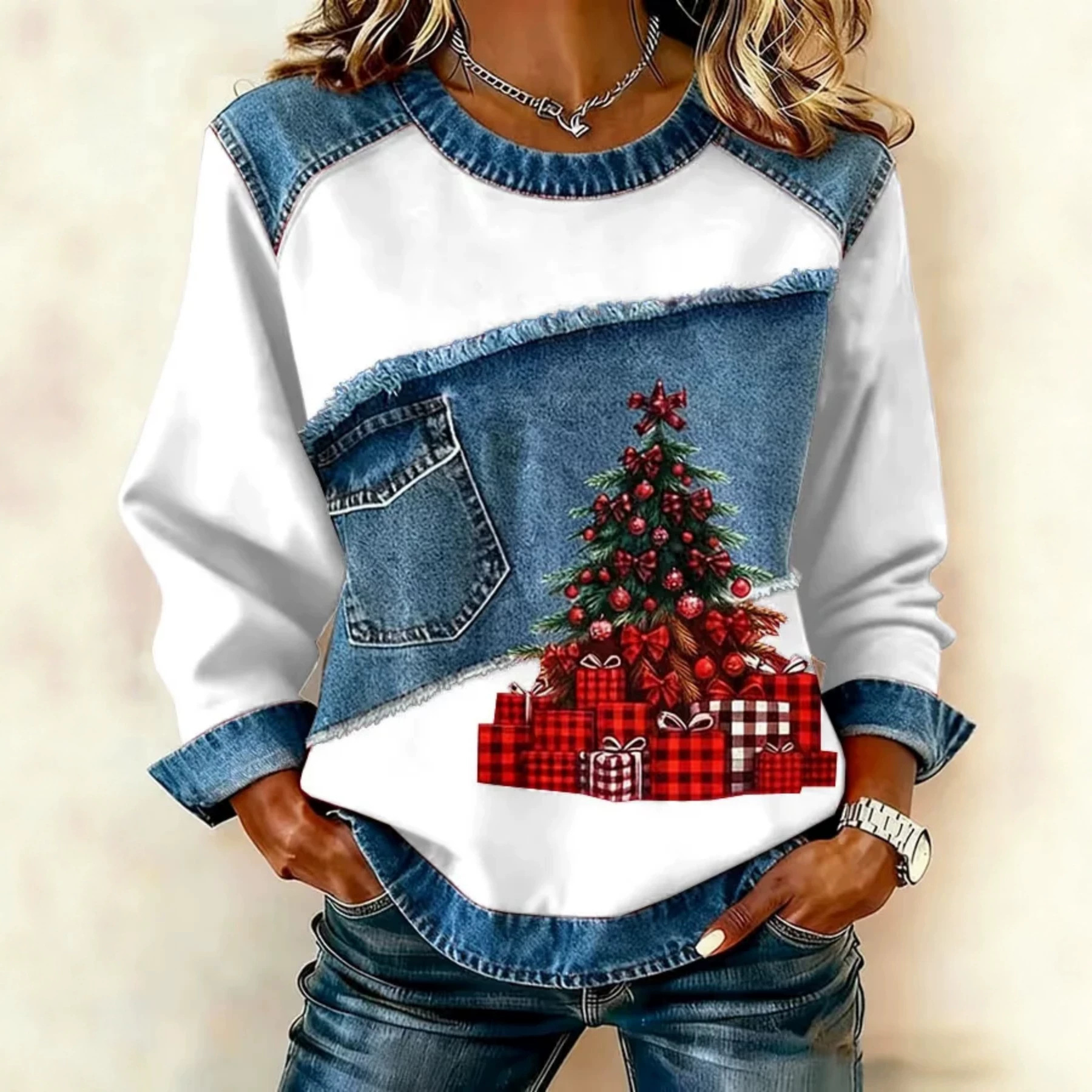 Christmas Tree Print Crewneck Long Sleeve Pullover Sweatshirt