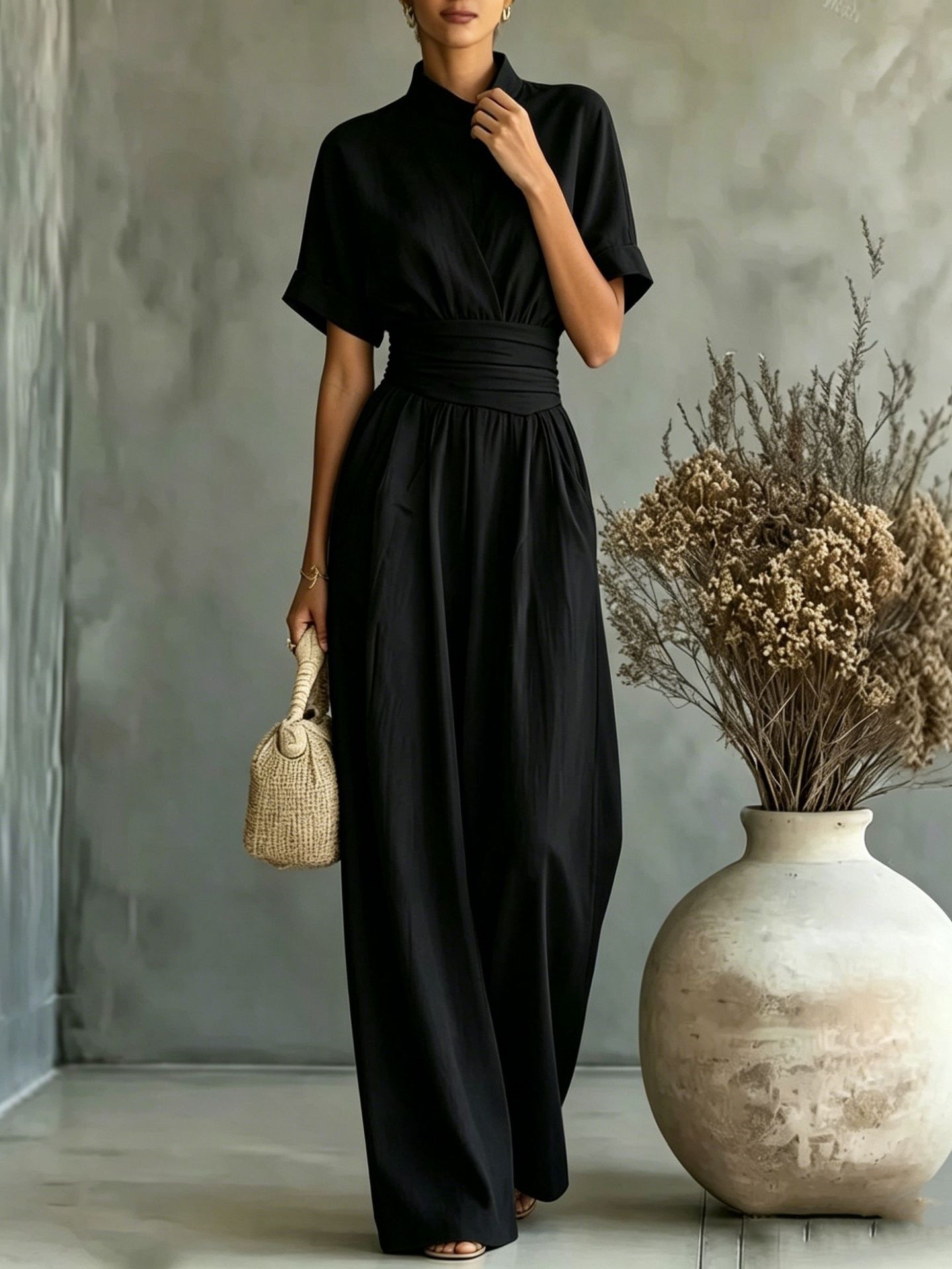 Women's Half-Turtleneck Short-Sleeve Wide-Leg Jumpsuit Solid Casual Loose Long Pants