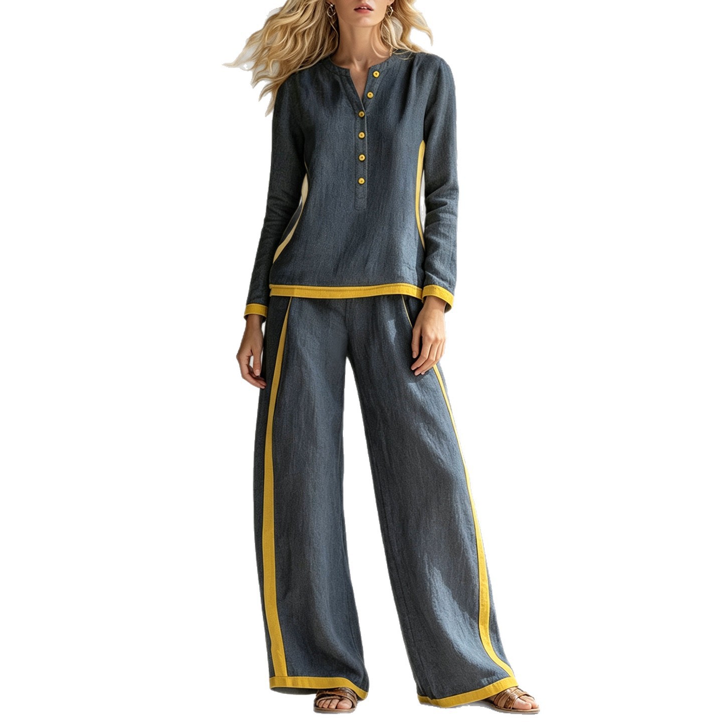 Women's Colorblock Buttoned Half Cardigan & Wide-Leg Pants Set