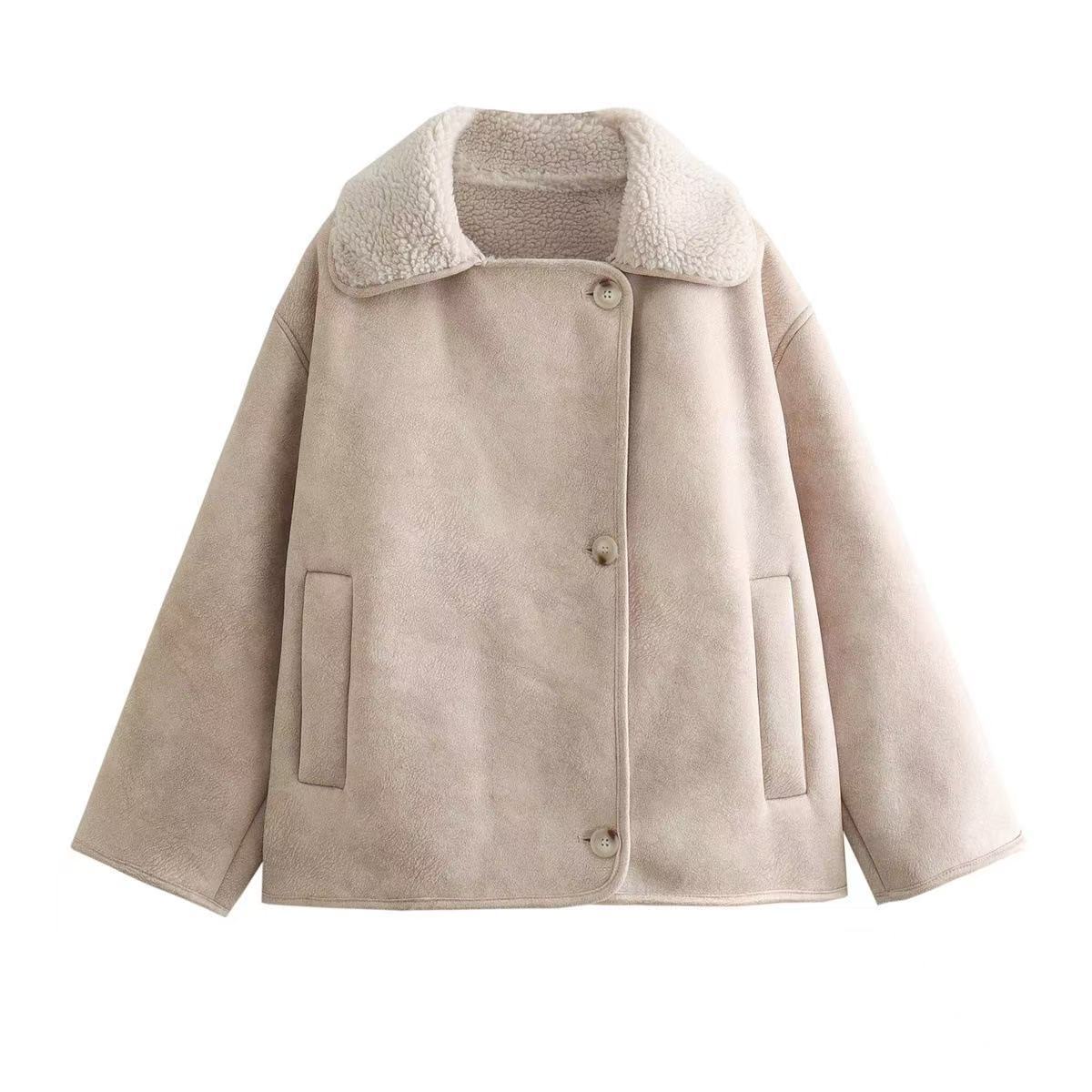 Women's Faux Fur Shearling Coat with Lapel Collar