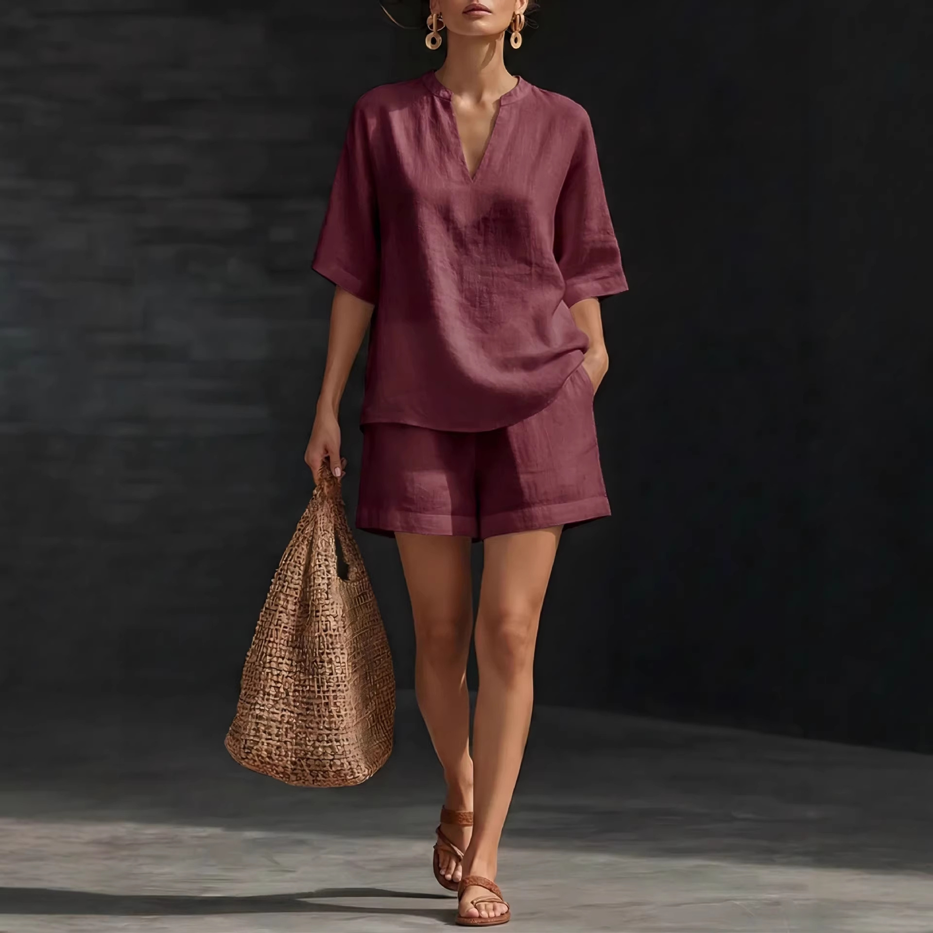 Women's Solid V-Neck Linen-Blend Top and Shorts Two-Piece Set