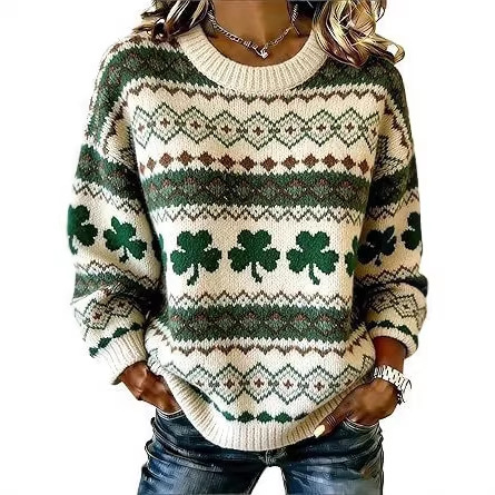 Women's Clover Print Crewneck Sweatshirt Casual Pullover