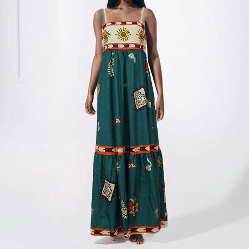 Sexy Spaghetti Strap Floral Print A-Line Maxi Dress