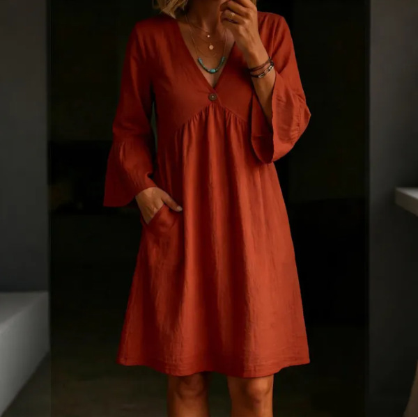 Women's Solid V-Neck Bell Sleeve Loose Vintage Dress