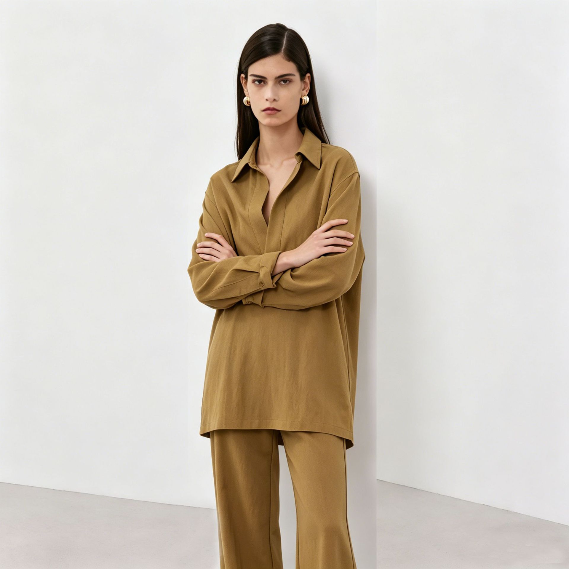 Women's Two-Piece Collared Shirt Set Long Sleeve Solid Color