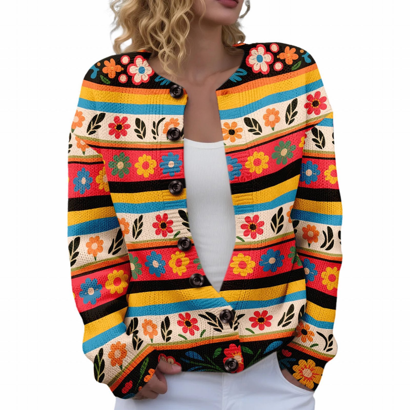 Women's Floral Maple Leaf Print Button Cardigan
