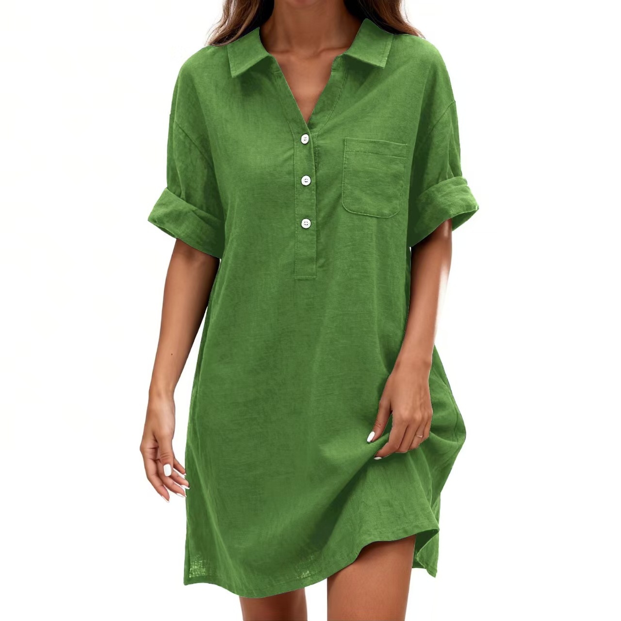 Women's Cotton Short Sleeve Midi Dress with Small Lapel Collar