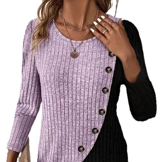 Women's Colorblock Ribbed Knit Long Sleeve Round Neck T-Shirt with Cross Hem