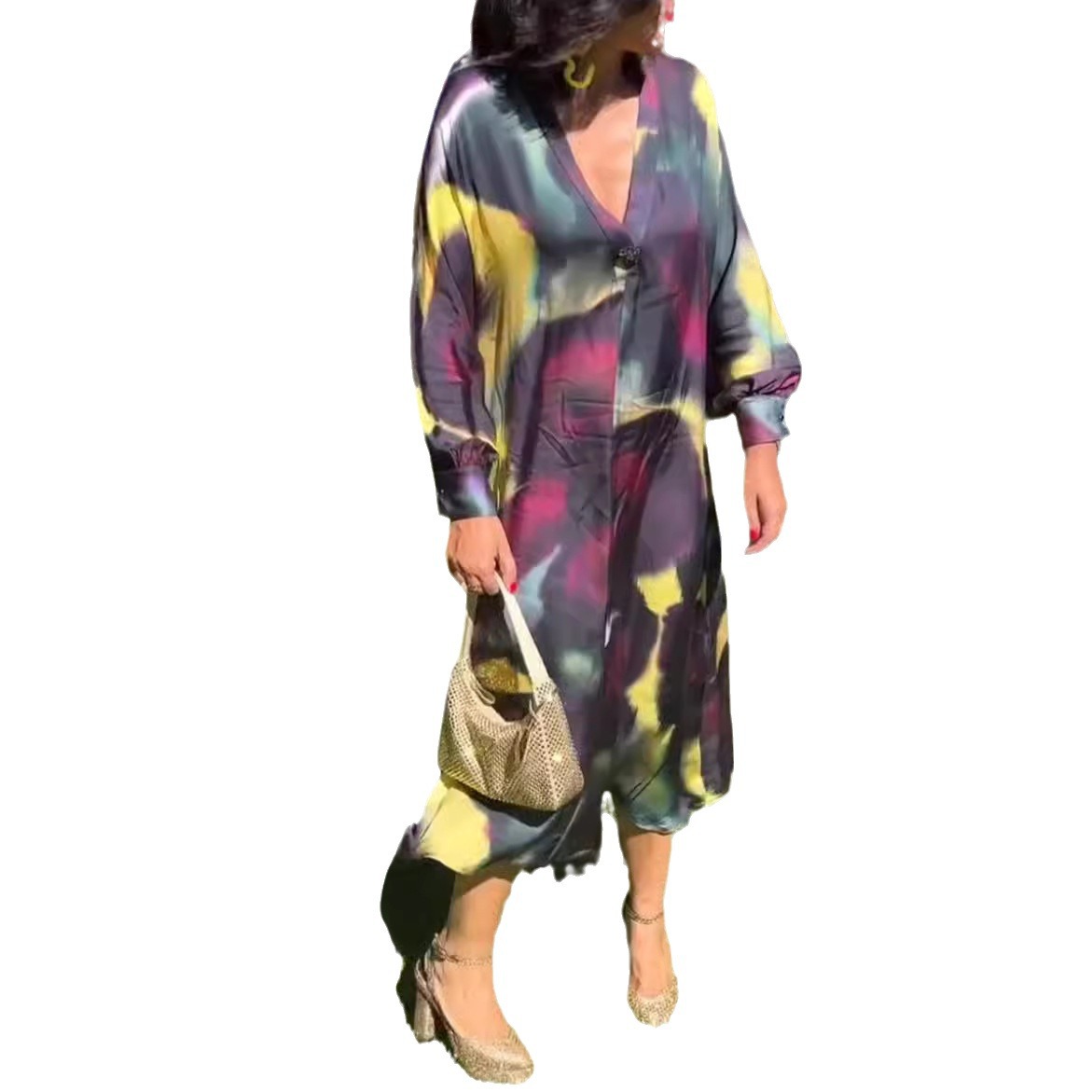 Women's Color-Block Print Deep V-Neck Long Sleeve Maxi Dress
