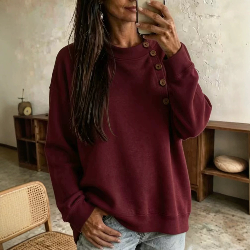 Solid Half-Turtleneck Button-Trim Long-Sleeve Sweatshirt