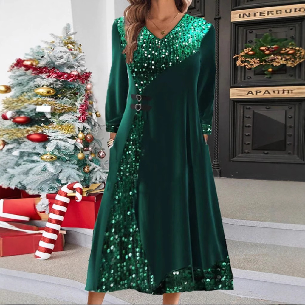Sequin V-Neck Long Sleeve Midi Dress
