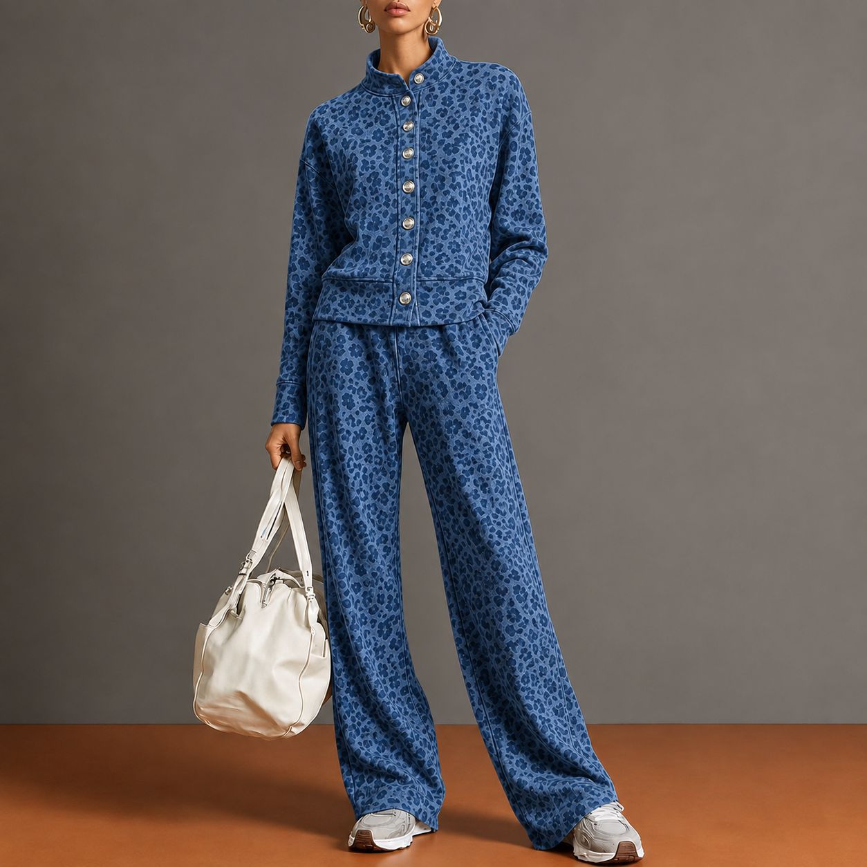 2026 Fall/Winter European and American Cross-Border Women's Vintage Leopard Print Stand Collar Single-Breasted Jacket Wide-Leg Pants Casual Set for Women