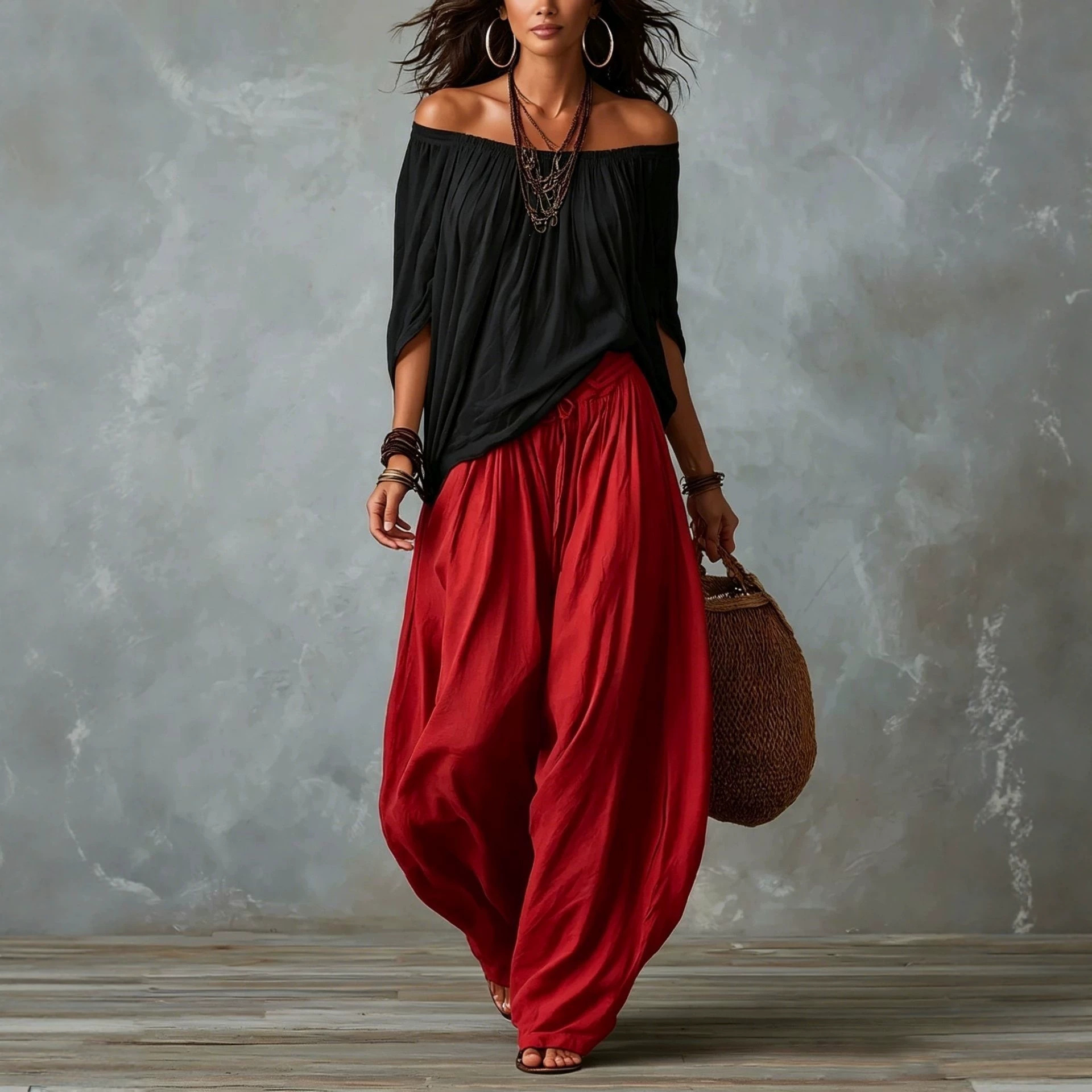 Boho Off-Shoulder Top and Lantern Pants Set