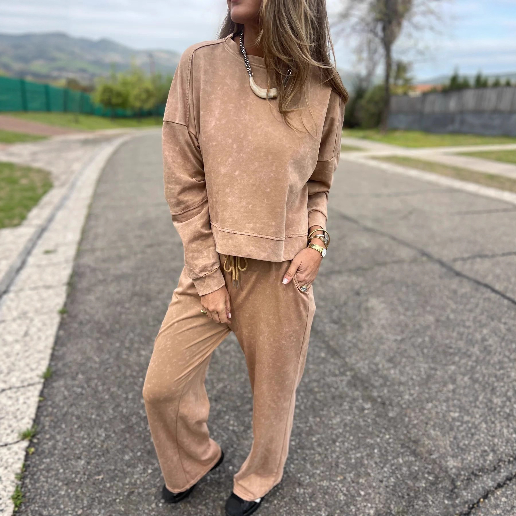 Women's Casual Two-Piece Pants Set with Drawstring Round Neck Long Sleeve