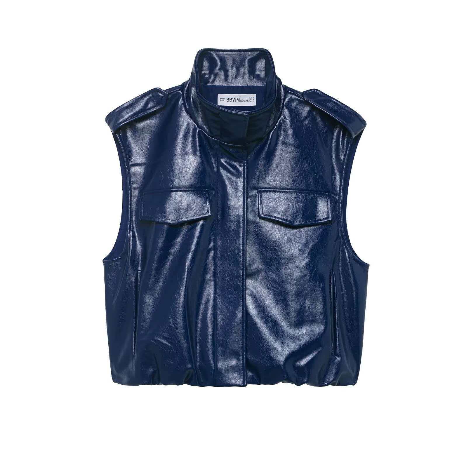 Women's Navy Glossy Faux Leather Skirt Set Sleeveless Cardigan Top and Long Pants