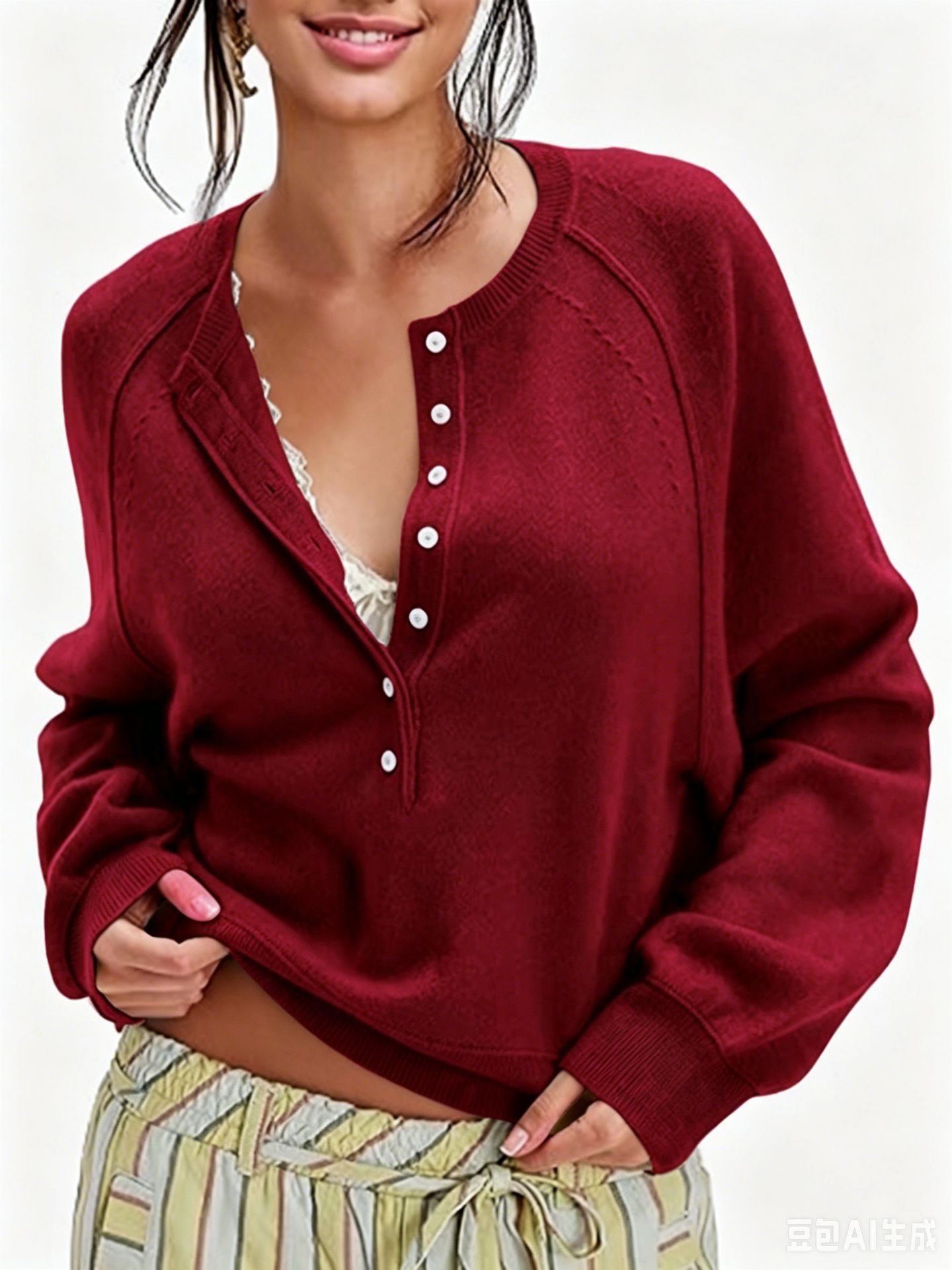 Women's Casual Crewneck Button-Front Knit Henley Sweater