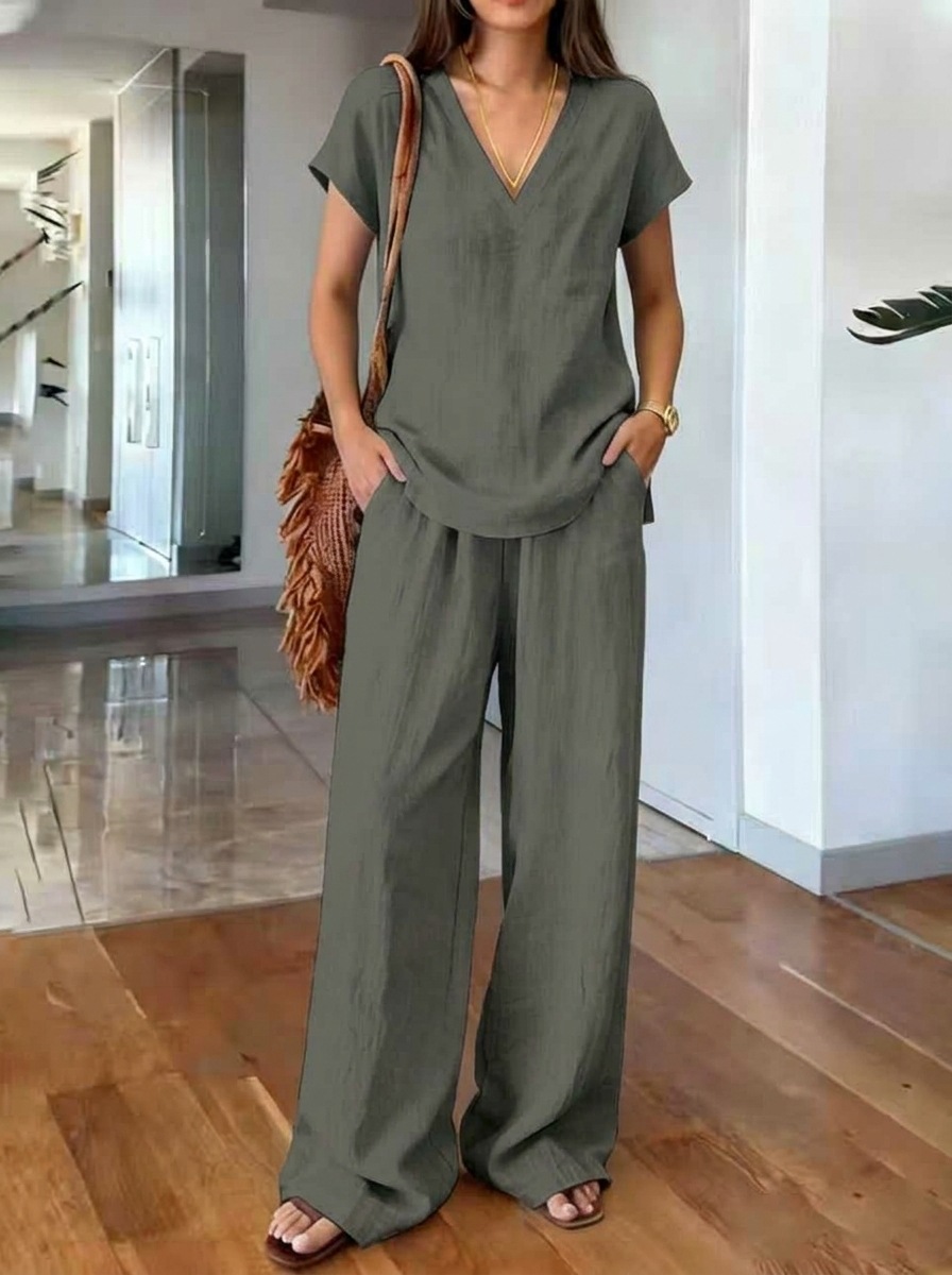 Women's V-Neck Short Sleeve Top & Wide Leg Pants Set