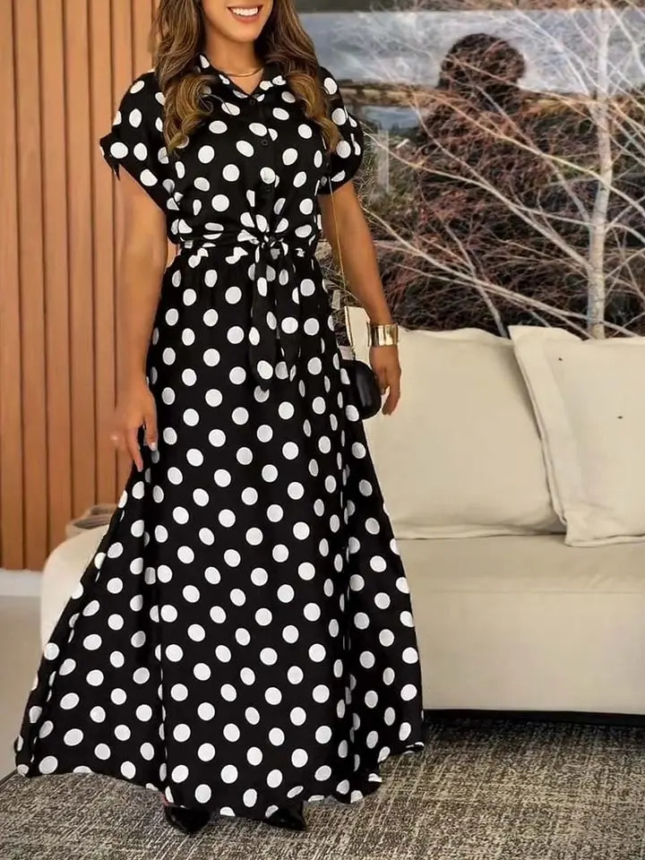 French Vintage Polka Dot Tie-Waist Midi Dress Coffee
