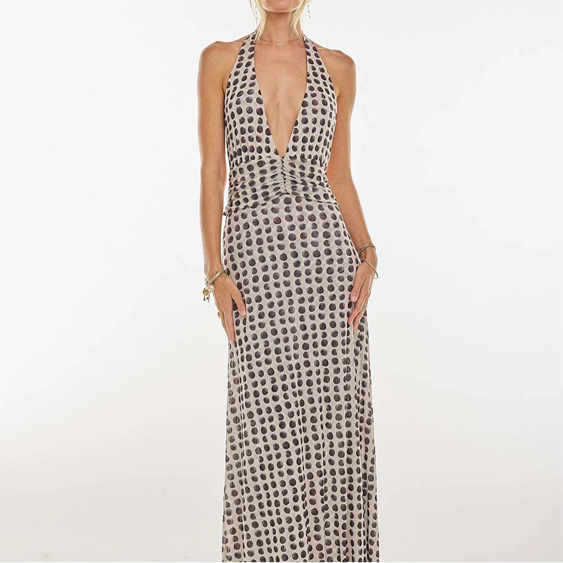 Women's Summer Polka Dot Halter Open-Back Vacation Dress