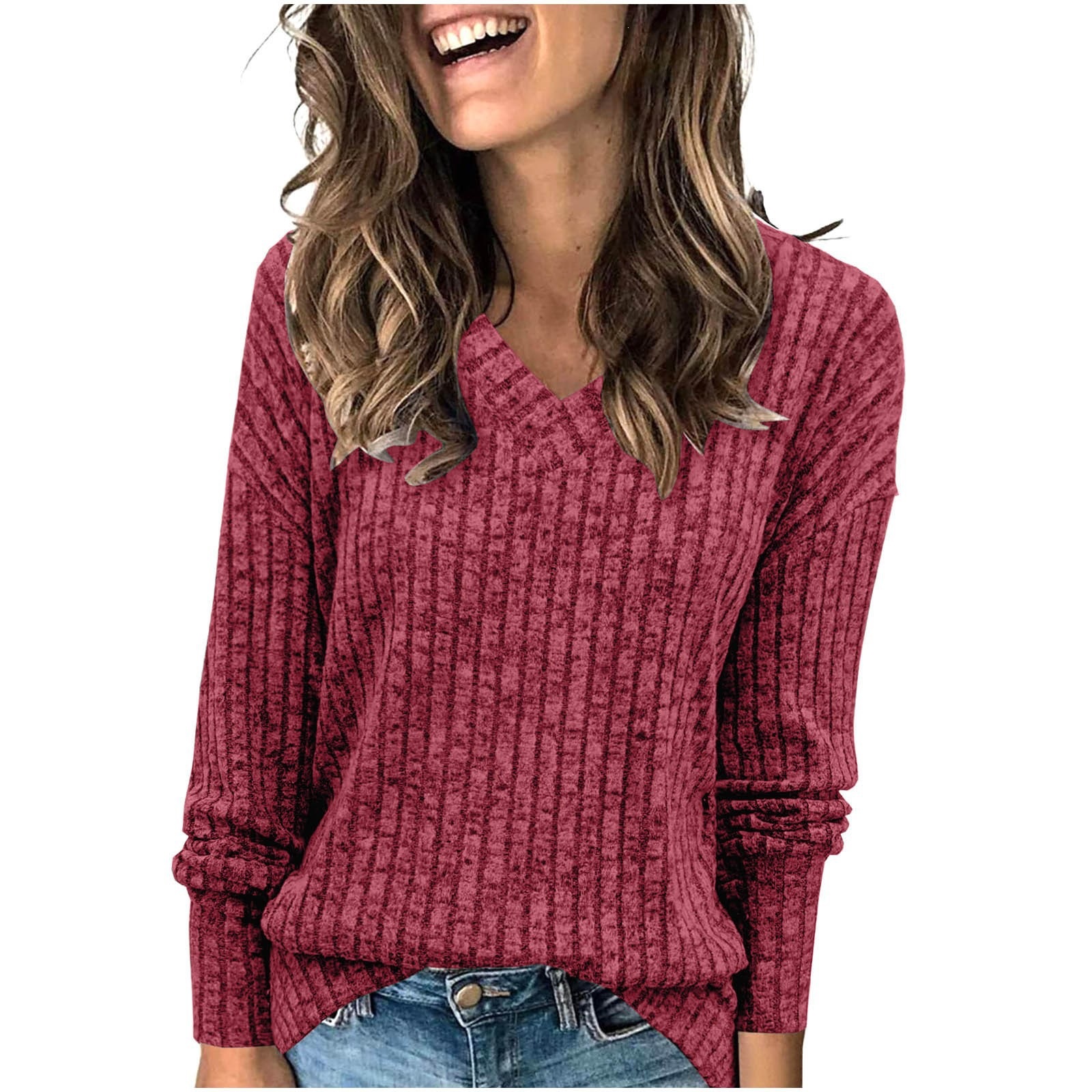 Women's Long Sleeve V-Neck Ribbed Brushed Knit Top