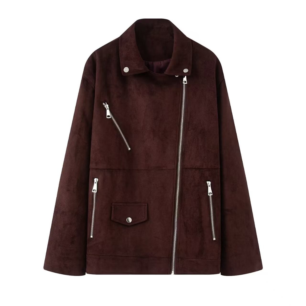 Sueded Faux-Suede Moto Jacket with Lapel Collar