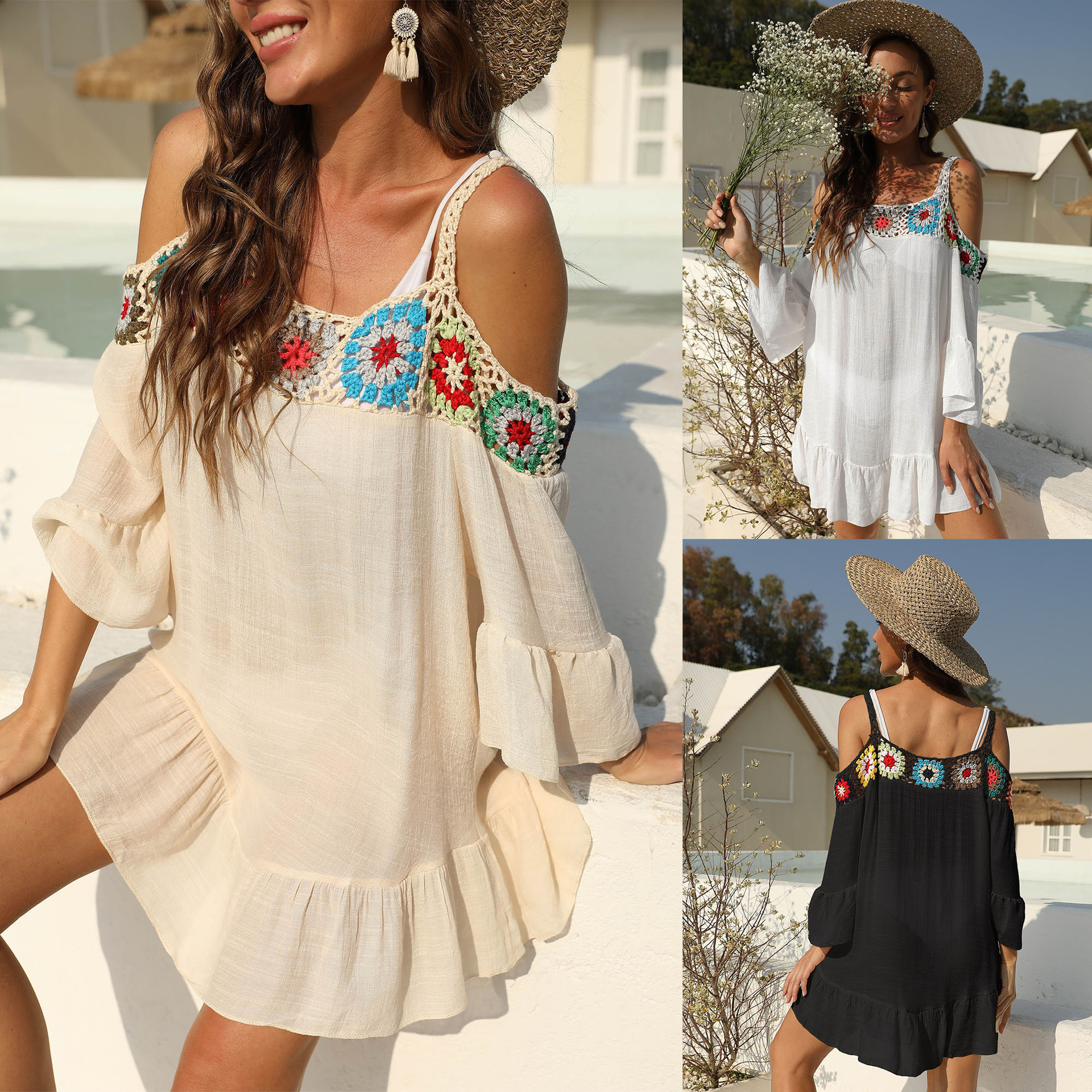 Hand-Crochet Spliced Cold-Shoulder Ruffle Beach Dress